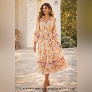 NWT TAJ by Sabrina Crippa Antiope Tassel Trim Midi Dress in Poppy ~ Size Small
